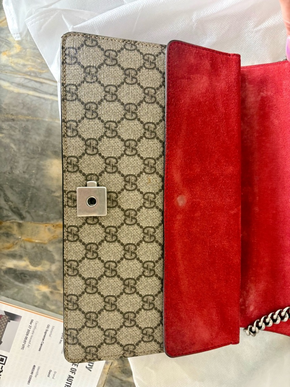CERTIFIED GUCCI Dionysus Beige GG Supreme Canvas Shoulder Bag Red Suede Stripe ! - Picture 7 of 15